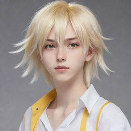 An anime-style slim teen boy with an unworldly beauty, featuring long tail-back hair in hues of blonde and white. His animated character is complemented by unique heterochromatic eyes, one yellow and the other white.