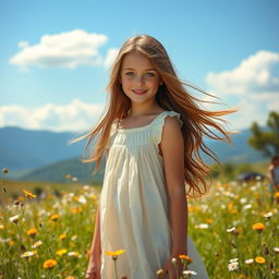 A serene and dreamy portrait of a teenage girl with flowing brown hair, standing in a sunlit meadow surrounded by wildflowers