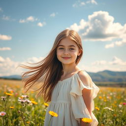 A serene and dreamy portrait of a teenage girl with flowing brown hair, standing in a sunlit meadow surrounded by wildflowers