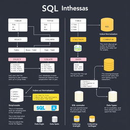 An educational and detailed infographic showcasing the structure and functionalities of SQL (Structured Query Language)