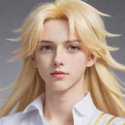 An animated, slim anime-style teen boy possessing an unworldly beauty. His long tail-back hair merges blond and white tones, and his captivating heterochromatic eyes, in yellow and white, add a unique allure.