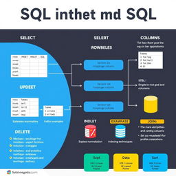 An educational and detailed infographic showcasing the structure and functionalities of SQL (Structured Query Language)