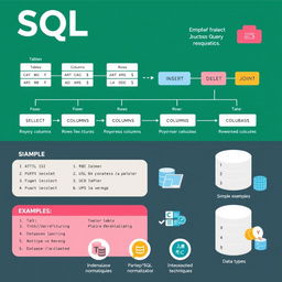 An educational and detailed infographic showcasing the structure and functionalities of SQL (Structured Query Language)