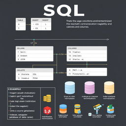 An educational and detailed infographic showcasing the structure and functionalities of SQL (Structured Query Language)