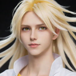 An animated, slim anime-style teen boy possessing an unworldly beauty. His long tail-back hair merges blond and white tones, and his captivating heterochromatic eyes, in yellow and white, add a unique allure.