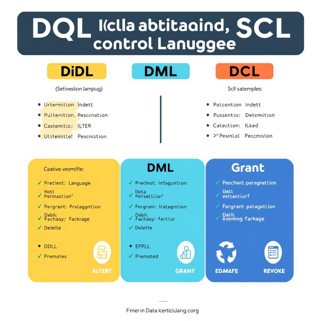 An educational infographic detailing DDL (Data Definition Language), DML (Data Manipulation Language), and DCL (Data Control Language) statements in SQL