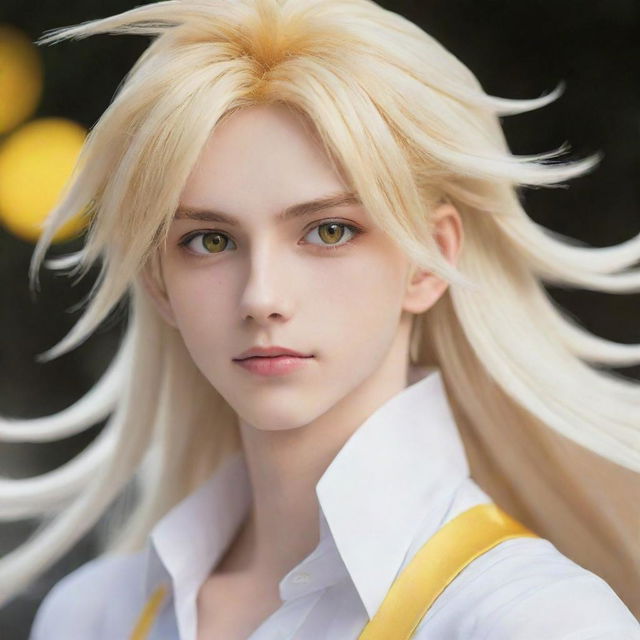 An animated, slim anime-style teen boy possessing an unworldly beauty. His long tail-back hair merges blond and white tones, and his captivating heterochromatic eyes, in yellow and white, add a unique allure.