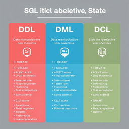 An educational infographic detailing DDL (Data Definition Language), DML (Data Manipulation Language), and DCL (Data Control Language) statements in SQL