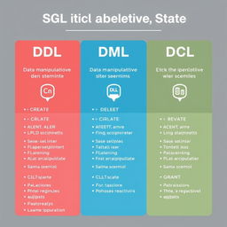 An educational infographic detailing DDL (Data Definition Language), DML (Data Manipulation Language), and DCL (Data Control Language) statements in SQL