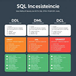 An educational infographic detailing DDL (Data Definition Language), DML (Data Manipulation Language), and DCL (Data Control Language) statements in SQL