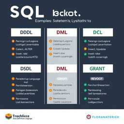 An educational infographic detailing DDL (Data Definition Language), DML (Data Manipulation Language), and DCL (Data Control Language) statements in SQL