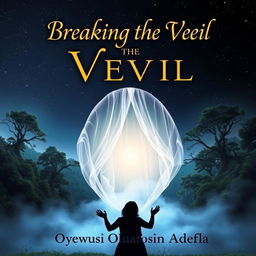 An enchanting book cover for 'Breaking the Veil' by Oyewusi Oluwatosin Adeola, featuring a mystical landscape with a partially transparent veil at the center, shimmering with ethereal light