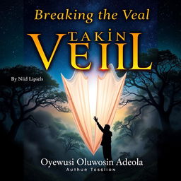 An enchanting book cover for 'Breaking the Veil' by Oyewusi Oluwatosin Adeola, featuring a mystical landscape with a partially transparent veil at the center, shimmering with ethereal light