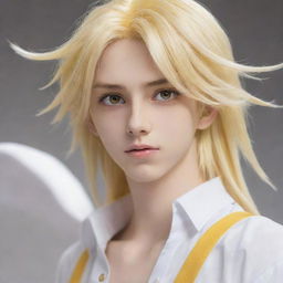 An animated, slim anime-style teen boy possessing an unworldly beauty. His long tail-back hair merges blond and white tones, and his captivating heterochromatic eyes, in yellow and white, add a unique allure.