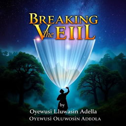 An enchanting book cover for 'Breaking the Veil' by Oyewusi Oluwatosin Adeola, featuring a mystical landscape with a partially transparent veil at the center, shimmering with ethereal light