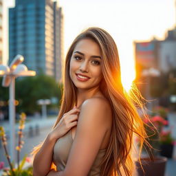 A beautiful, attractive young woman posing confidently against a vibrant urban backdrop during sunset, with warm golden light illuminating her face and hair