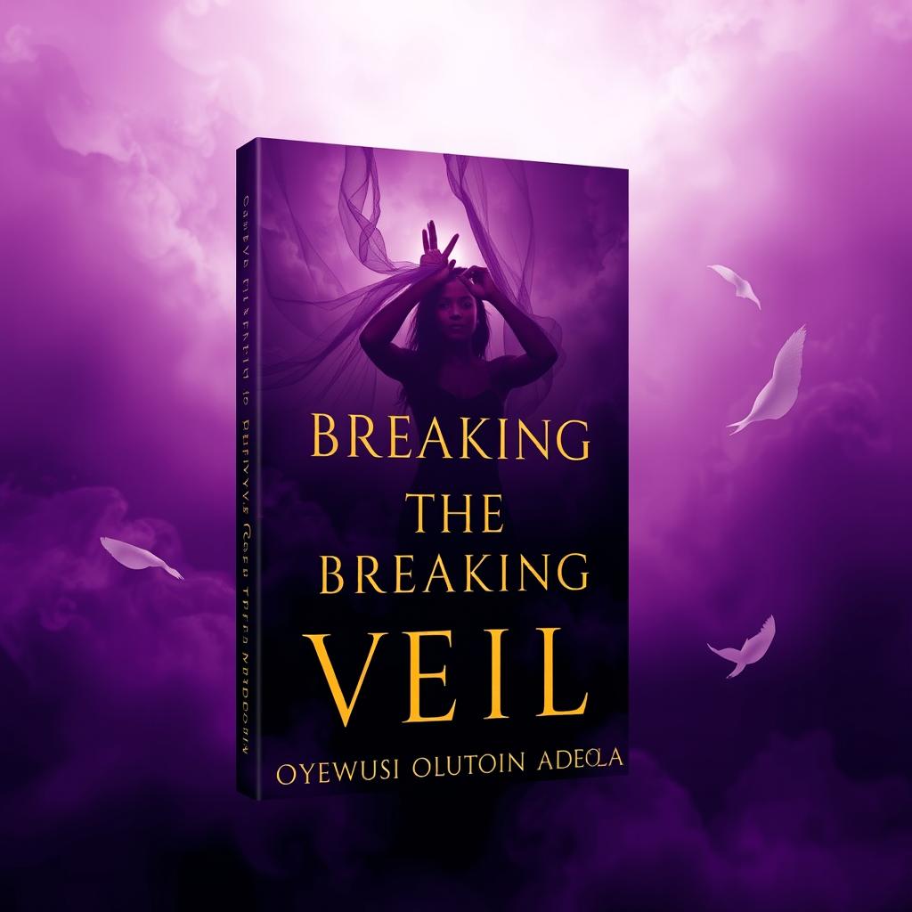 A captivating and outstanding book cover for 'Breaking the Veil' by Oyewusi Oluwatosin Adeola, predominantly featuring stunning shades of purple