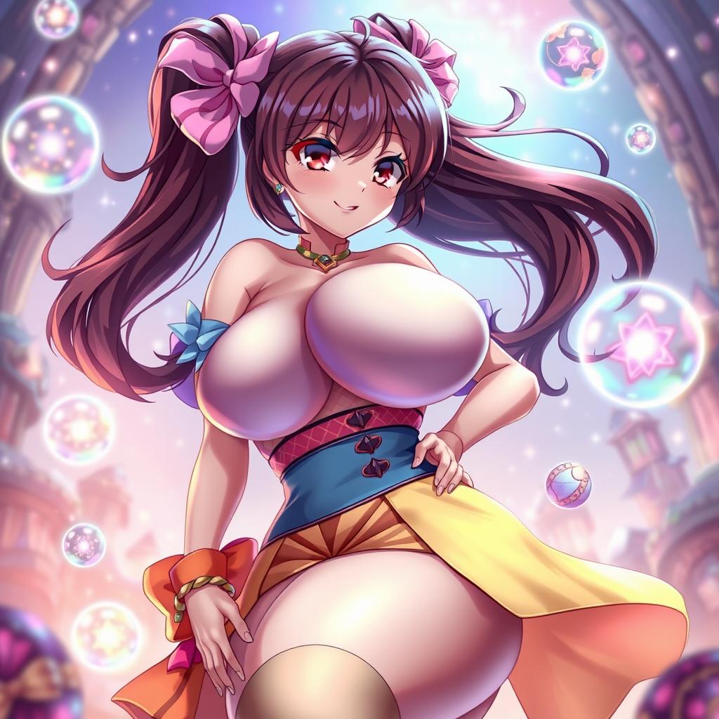 A voluptuous anime character with large breasts, styled in a vibrant and colorful outfit that accentuates her curves