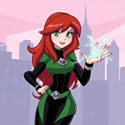 A classic illustration of Gwen Tennyson from the original series, showcasing her in her traditional green and black outfit with silver details