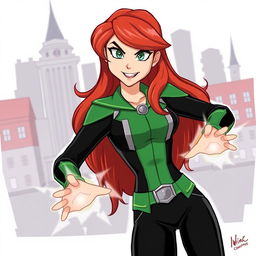 A classic illustration of Gwen Tennyson from the original series, showcasing her in her traditional green and black outfit with silver details