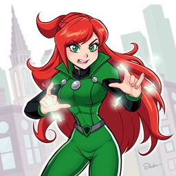 A classic illustration of Gwen Tennyson from the original series, showcasing her in her traditional green and black outfit with silver details