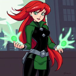 A classic illustration of Gwen Tennyson from the original series, showcasing her in her traditional green and black outfit with silver details