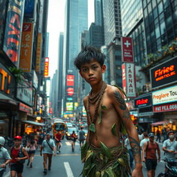 A jungle boy, dressed in rustic, natural clothing made from leaves and vines, navigating through a bustling big city filled with towering skyscrapers and neon lights