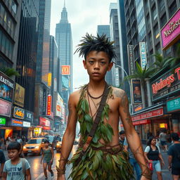 A jungle boy, dressed in rustic, natural clothing made from leaves and vines, navigating through a bustling big city filled with towering skyscrapers and neon lights