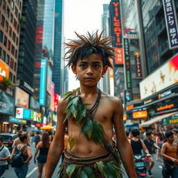 A jungle boy, dressed in rustic, natural clothing made from leaves and vines, navigating through a bustling big city filled with towering skyscrapers and neon lights