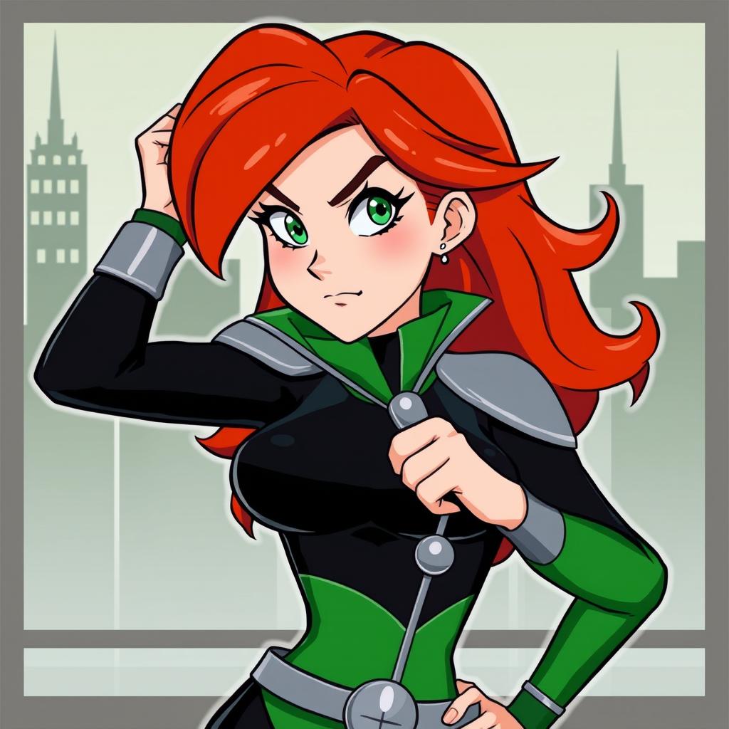 A classic illustration of Gwen Tennyson from the original series, showcasing her in her traditional green and black outfit with silver details