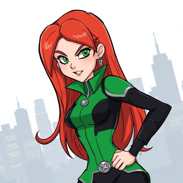 A classic illustration of Gwen Tennyson from the original series, showcasing her in her traditional green and black outfit with silver details