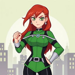 A classic illustration of Gwen Tennyson from the original series, showcasing her in her traditional green and black outfit with silver details