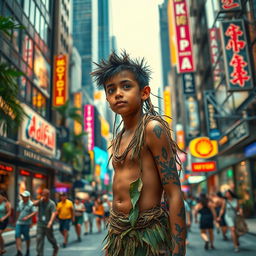 A jungle boy, clad in earthy, natural attire made from leaves and intertwined vines, exploring a vibrant big city filled with tall skyscrapers and bright neon signs