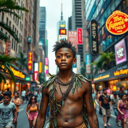 A jungle boy, clad in earthy, natural attire made from leaves and intertwined vines, exploring a vibrant big city filled with tall skyscrapers and bright neon signs