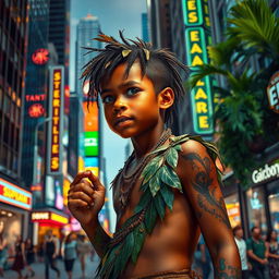 A jungle boy, clad in earthy, natural attire made from leaves and intertwined vines, exploring a vibrant big city filled with tall skyscrapers and bright neon signs