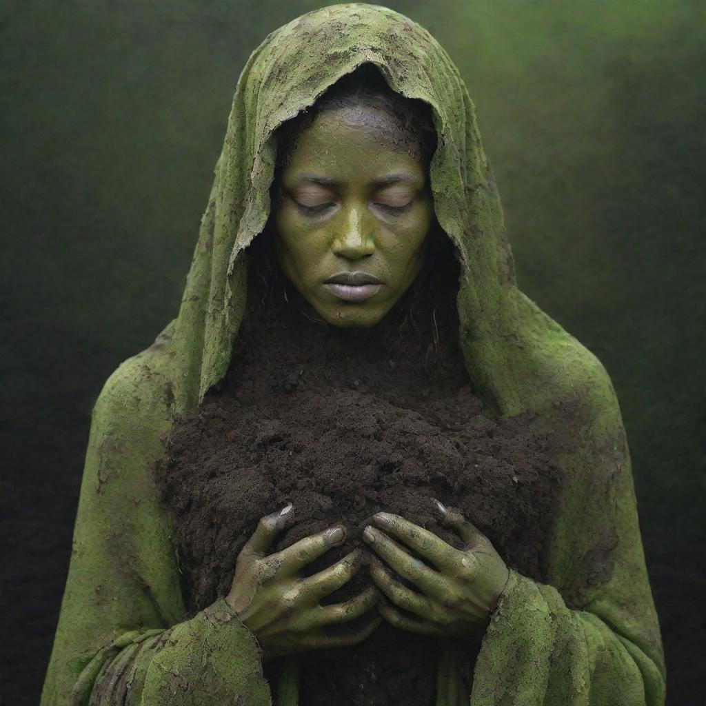 A detailed representation of Mother Nature, a gentle yet powerful figure cloaked in verdant green, cradling a handful of visibly polluted soil with a solemn, concerned expression.