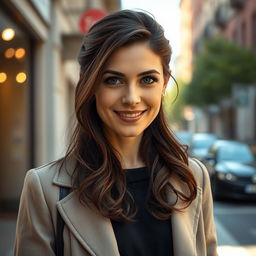 A realistic image of a 36-year-old woman with dark hair, Slavic features, facing forward