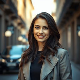 A realistic image of a 36-year-old woman with dark hair, Slavic features, facing forward