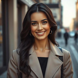 A realistic image of a 36-year-old woman with dark hair, Slavic features, facing forward