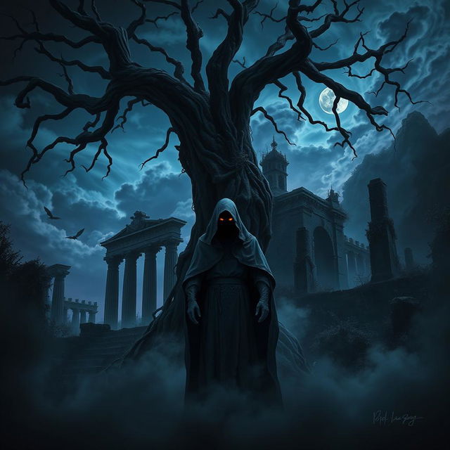 A haunting dark fantasy scene that immerses the viewer in a world shrouded in shadows and mysterious figures