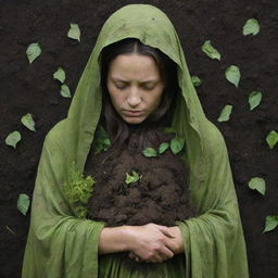 A detailed representation of Mother Nature, a gentle yet powerful figure cloaked in verdant green, cradling a handful of visibly polluted soil with a solemn, concerned expression.