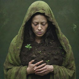 A detailed representation of Mother Nature, a gentle yet powerful figure cloaked in verdant green, cradling a handful of visibly polluted soil with a solemn, concerned expression.