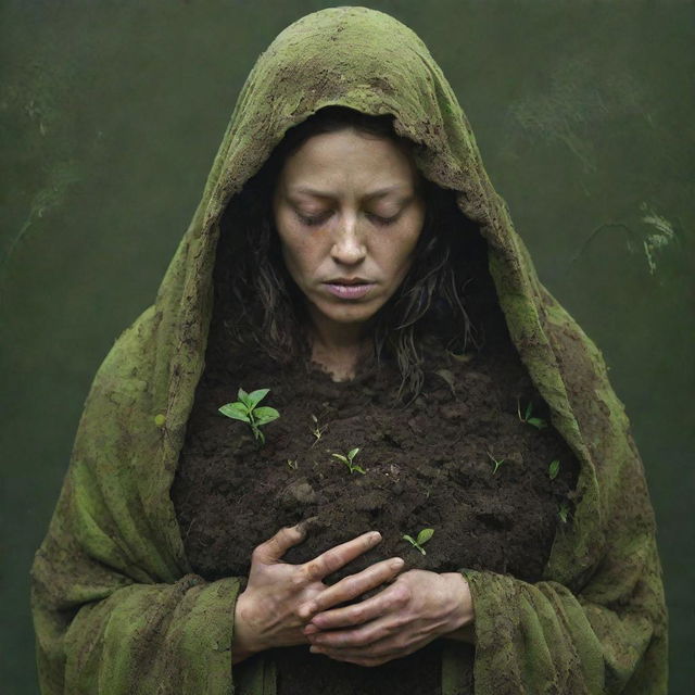 A detailed representation of Mother Nature, a gentle yet powerful figure cloaked in verdant green, cradling a handful of visibly polluted soil with a solemn, concerned expression.