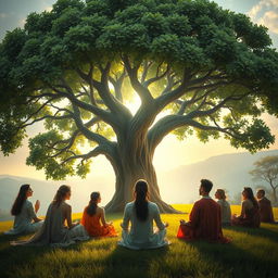 A serene and mystical landscape depicting a large, ancient tree known as the Tree of Life, with lush green leaves, providing shade to a group of diverse, spiritually awakened individuals who sit in contemplation