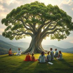 A serene and mystical landscape depicting a large, ancient tree known as the Tree of Life, with lush green leaves, providing shade to a group of diverse, spiritually awakened individuals who sit in contemplation