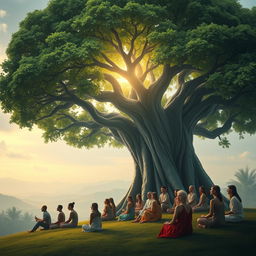 A serene and mystical landscape depicting a large, ancient tree known as the Tree of Life, with lush green leaves, providing shade to a group of diverse, spiritually awakened individuals who sit in contemplation