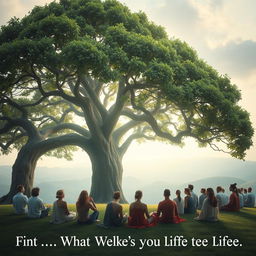 A serene and mystical landscape depicting a large, ancient tree known as the Tree of Life, with lush green leaves, providing shade to a group of diverse, spiritually awakened individuals who sit in contemplation