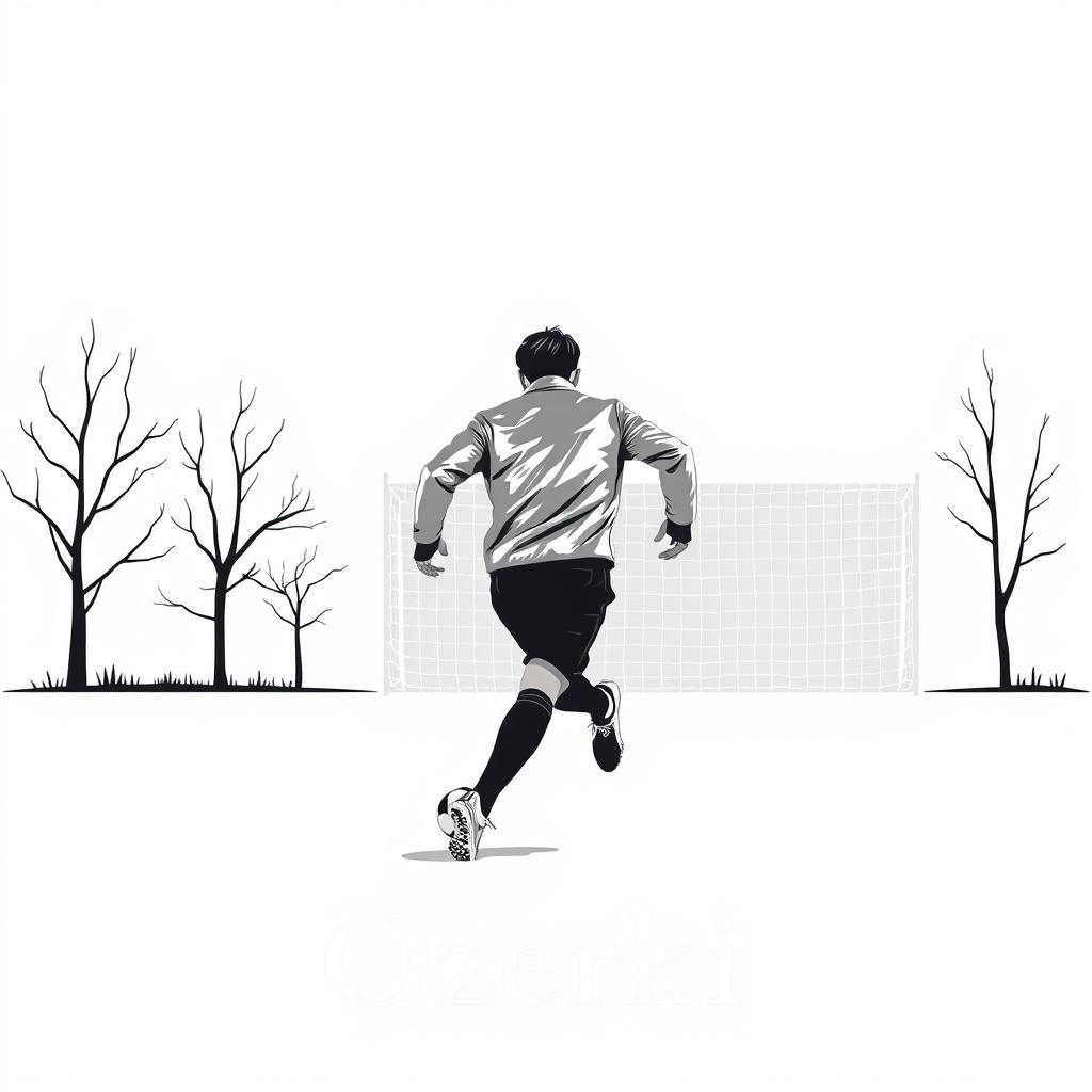 A minimalist image featuring a soccer player wearing a silver leather jacket, in motion towards the goal in a park-like setting named Sosnovka