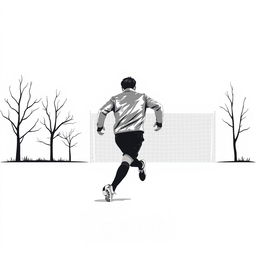 A minimalist image featuring a soccer player wearing a silver leather jacket, in motion towards the goal in a park-like setting named Sosnovka