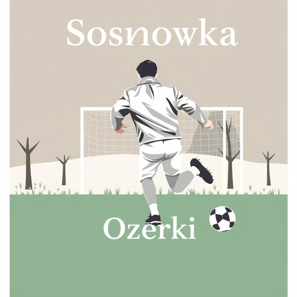 A minimalist image featuring a soccer player wearing a silver leather jacket, in motion towards the goal in a park-like setting named Sosnovka